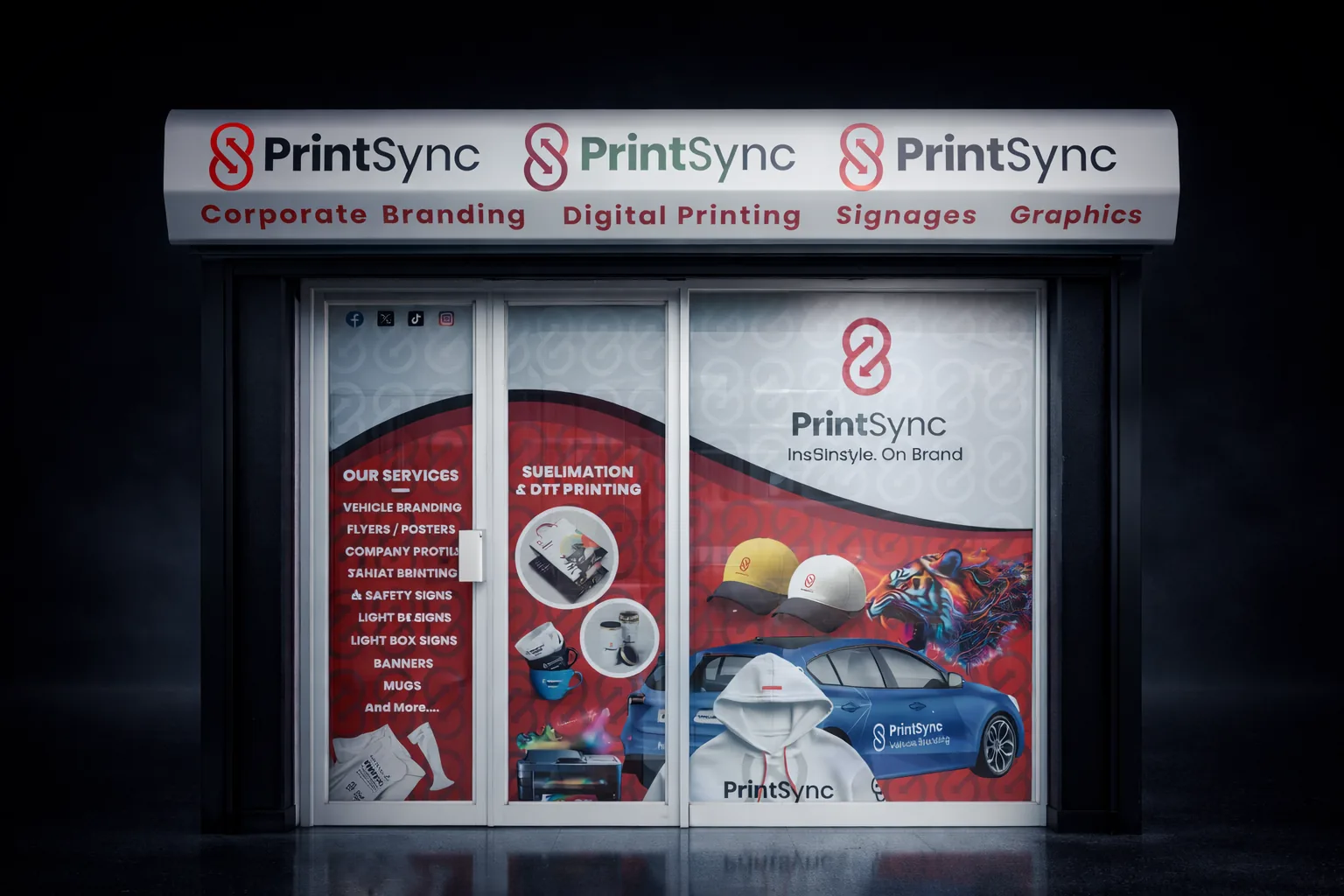 Ultra Realistic 8K Studio Style Mockup Of A Fully Branded Storefront Isolated In A Dark Gradient Environment.