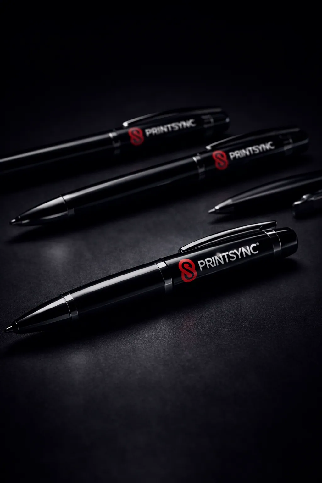 Ultra Realistic 8k Studio Mockup Of Branded Pens Arranged Neatly With One